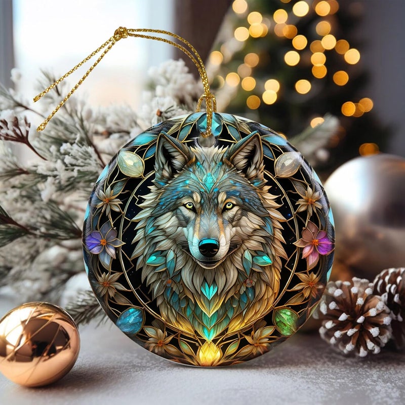 Touber Stained Ceramic Wolf Ornament - Wolf Christmas Ornaments - Christmas Tree Ornaments - Christmas Decorations - Wolf Decor for Office, Room, Home - Holiday Present Ideas - Image 4